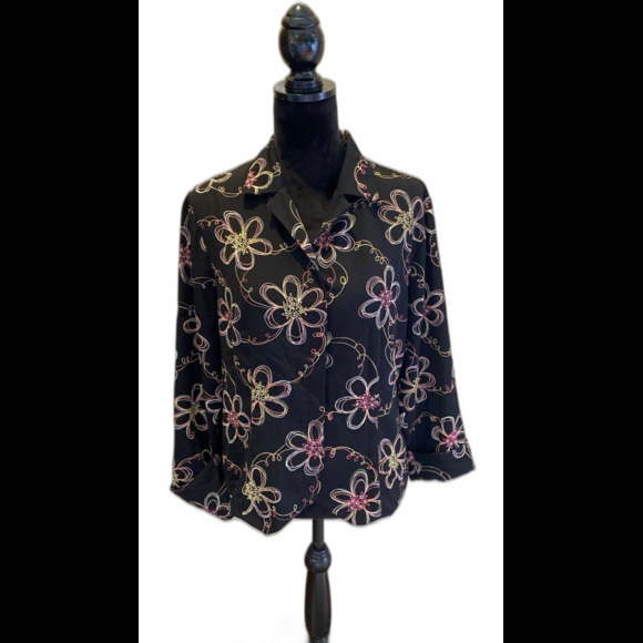 Sag Harbor Blouse Size 12 Hidden Buttons Down Collared Cuffed 3/4 Sleeves Black - Picture 1 of 10